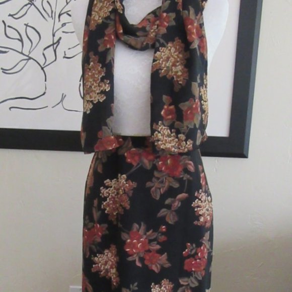 Vintage 1990s black & terracotta floral wrap midi skirt & scarf sz. 16 - Picture 1 of 14
